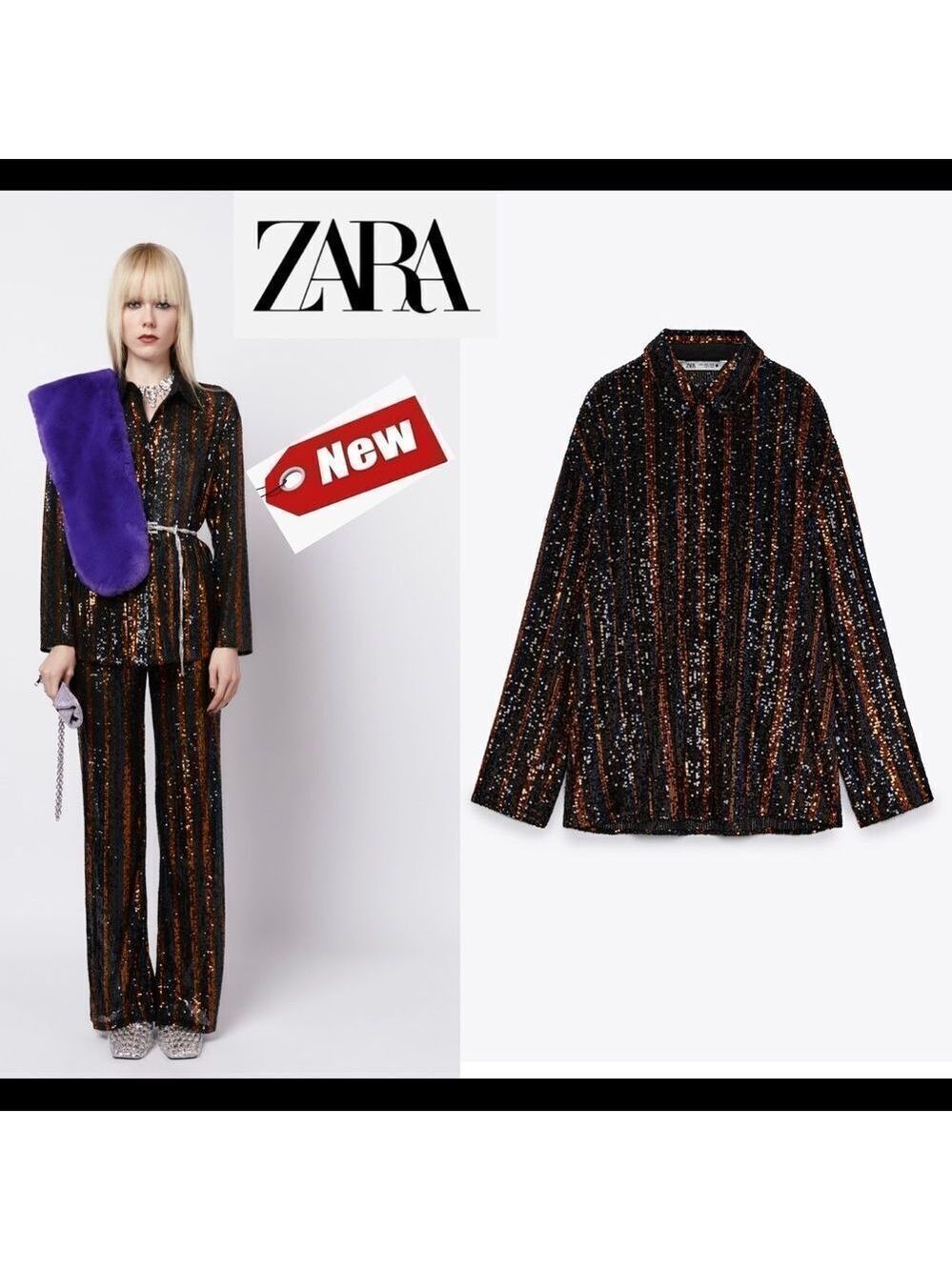 Zara black & burnt orange sequin pinstripe button-down shirt Sz M NWT